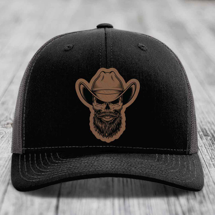 Bearded Cowboy Skull - Leather Patch Hat - Dark Brown to Black Patch - Richardson 112 Snapback Trucker Hat