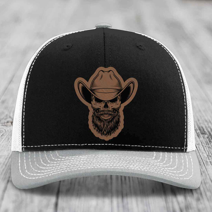 Bearded Cowboy Skull - Leather Patch Hat - Dark Brown to Black Patch - Richardson 112 Snapback Trucker Hat