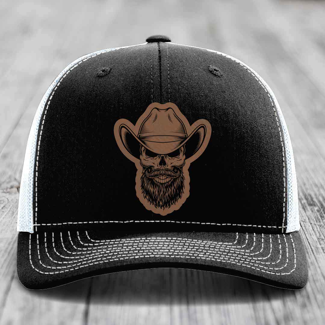Bearded Cowboy Skull - Leather Patch Hat - Dark Brown to Black Patch - Richardson 112 Snapback Trucker Hat