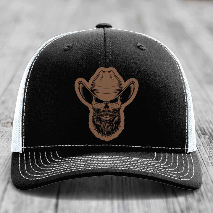Bearded Cowboy Skull - Leather Patch Hat - Dark Brown to Black Patch - Richardson 112 Snapback Trucker Hat