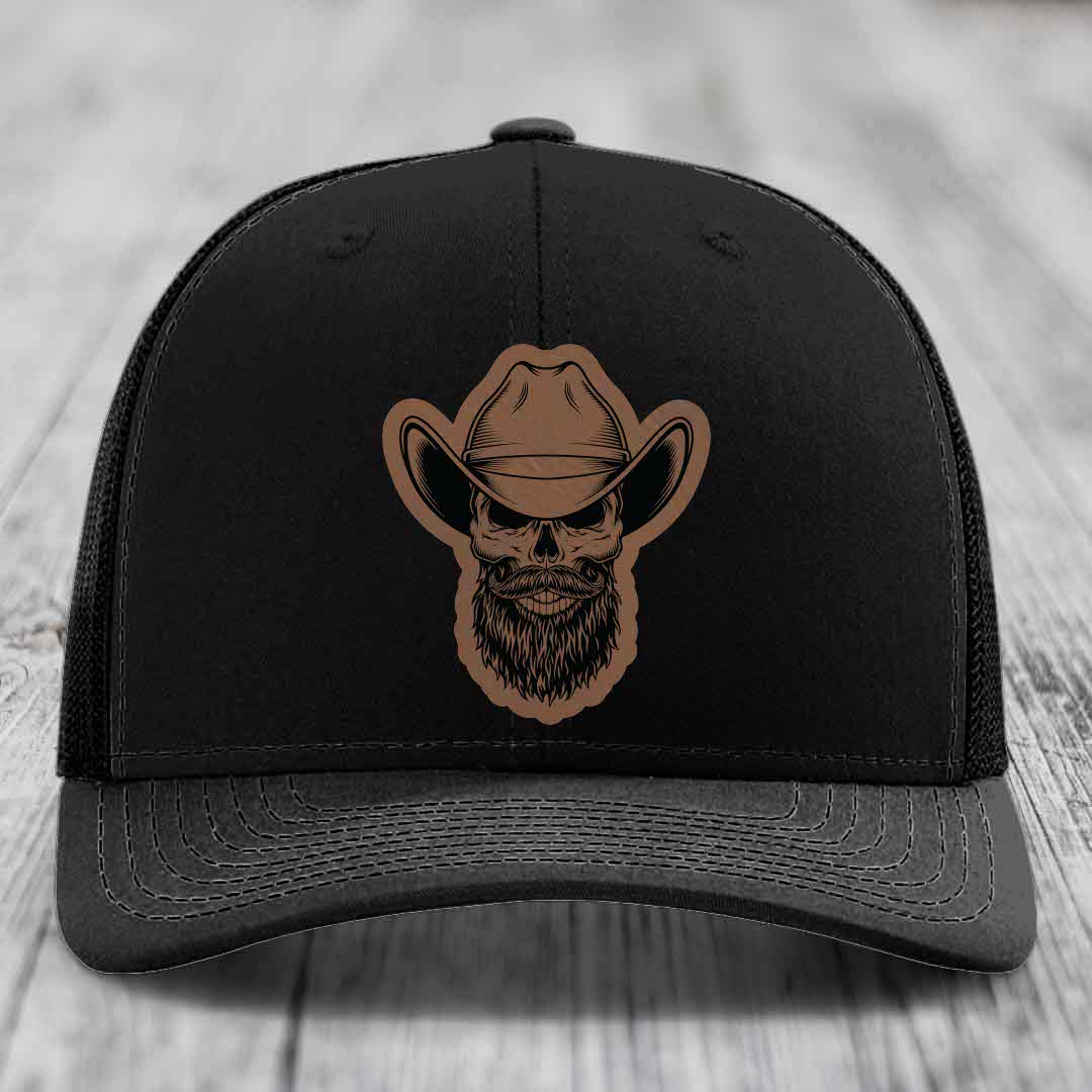 Bearded Cowboy Skull - Leather Patch Hat - Dark Brown to Black Patch - Richardson 112 Snapback Trucker Hat