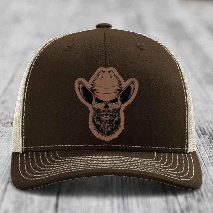 Bearded Cowboy Skull - Leather Patch Hat - Dark Brown to Black Patch - Richardson 112 Snapback Trucker Hat