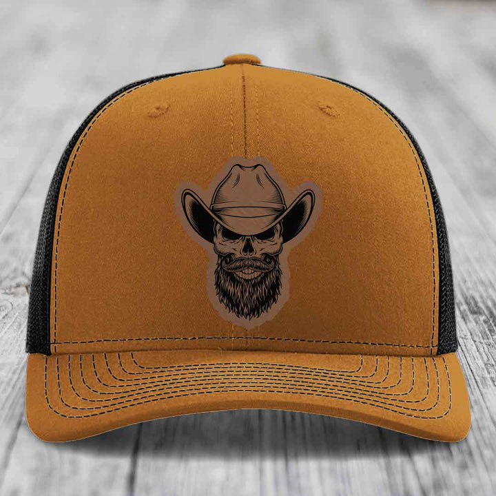 Bearded Cowboy Skull - Leather Patch Hat - Dark Brown to Black Patch - Richardson 112 Snapback Trucker Hat