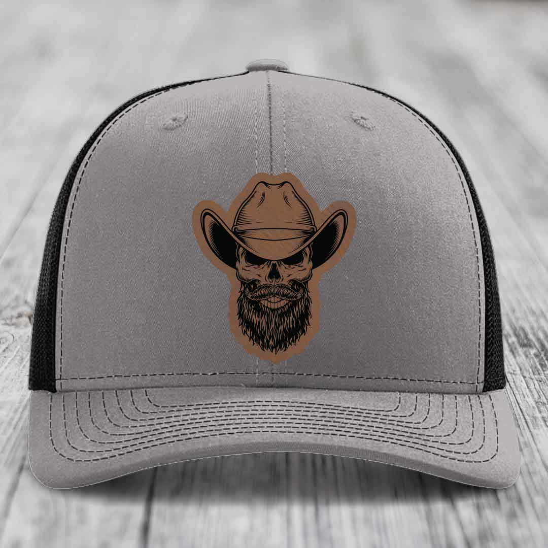 Bearded Cowboy Skull - Leather Patch Hat - Dark Brown to Black Patch - Richardson 112 Snapback Trucker Hat