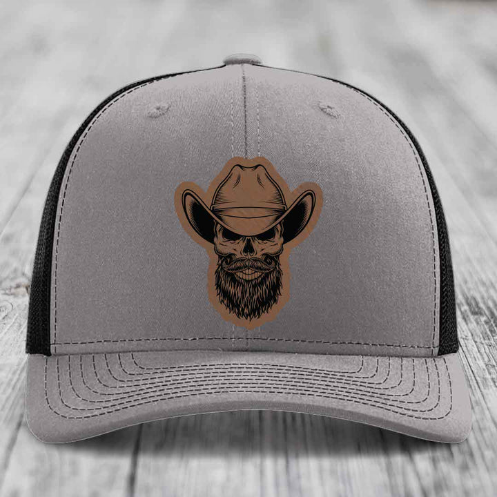 Bearded Cowboy Skull - Leather Patch Hat - Dark Brown to Black Patch - Richardson 112 Snapback Trucker Hat
