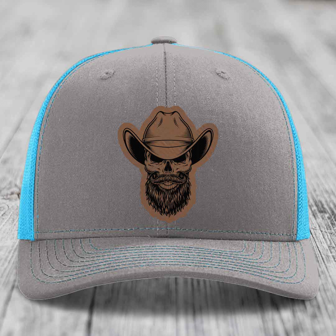 Bearded Cowboy Skull - Leather Patch Hat - Dark Brown to Black Patch - Richardson 112 Snapback Trucker Hat