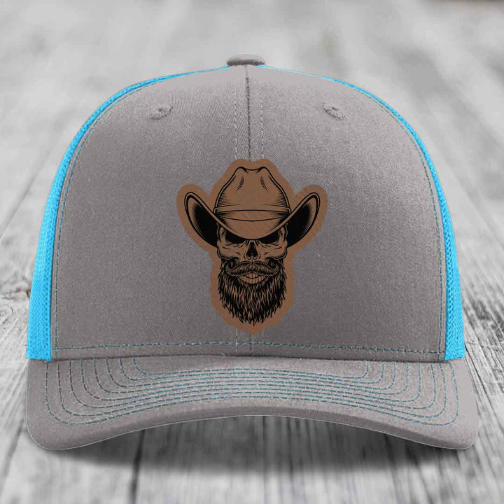 Bearded Cowboy Skull - Leather Patch Hat - Dark Brown to Black Patch - Richardson 112 Snapback Trucker Hat