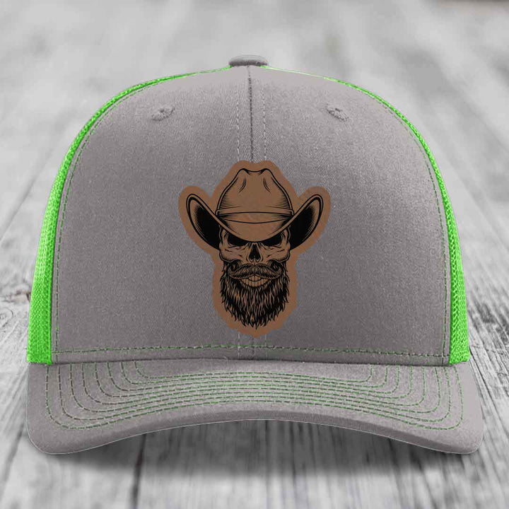 Bearded Cowboy Skull - Leather Patch Hat - Dark Brown to Black Patch - Richardson 112 Snapback Trucker Hat