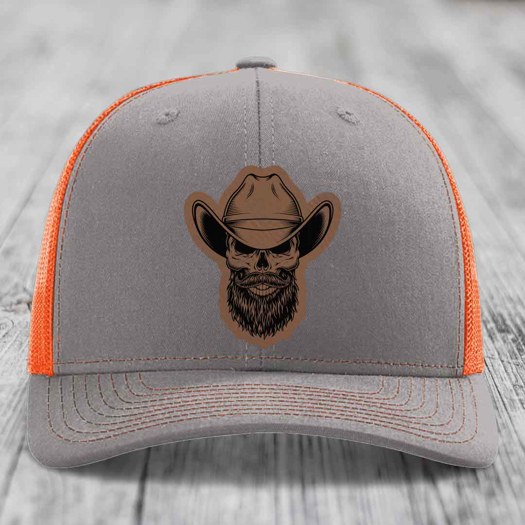 Bearded Cowboy Skull - Leather Patch Hat - Dark Brown to Black Patch - Richardson 112 Snapback Trucker Hat