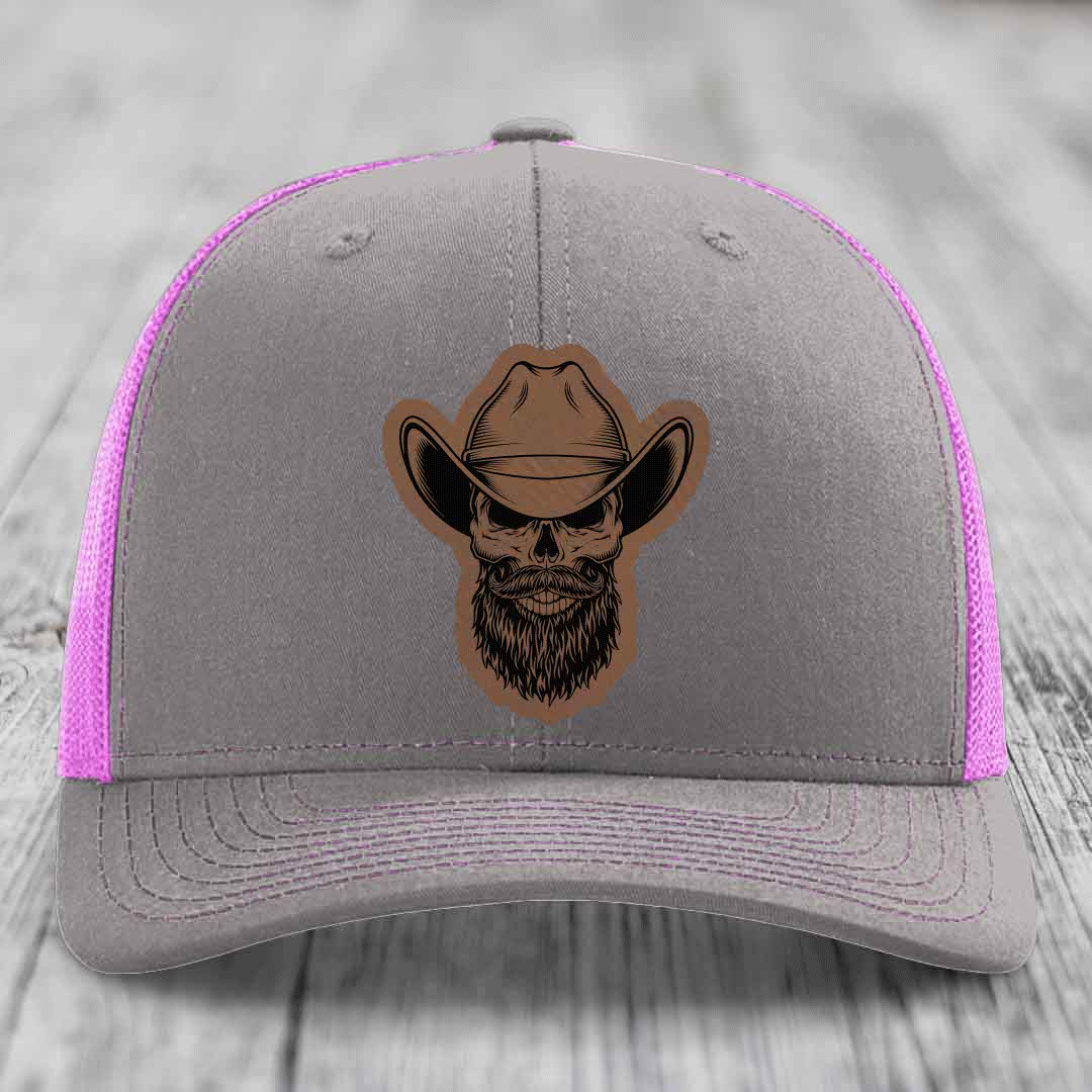 Bearded Cowboy Skull - Leather Patch Hat - Dark Brown to Black Patch - Richardson 112 Snapback Trucker Hat