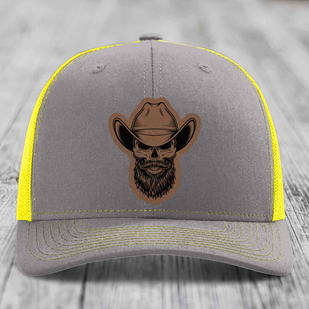 Bearded Cowboy Skull - Leather Patch Hat - Dark Brown to Black Patch - Richardson 112 Snapback Trucker Hat