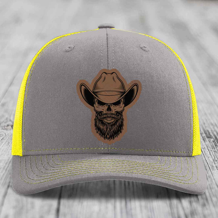 Bearded Cowboy Skull - Leather Patch Hat - Dark Brown to Black Patch - Richardson 112 Snapback Trucker Hat