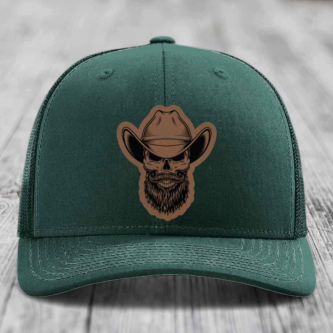 Bearded Cowboy Skull - Leather Patch Hat - Dark Brown to Black Patch - Richardson 112 Snapback Trucker Hat