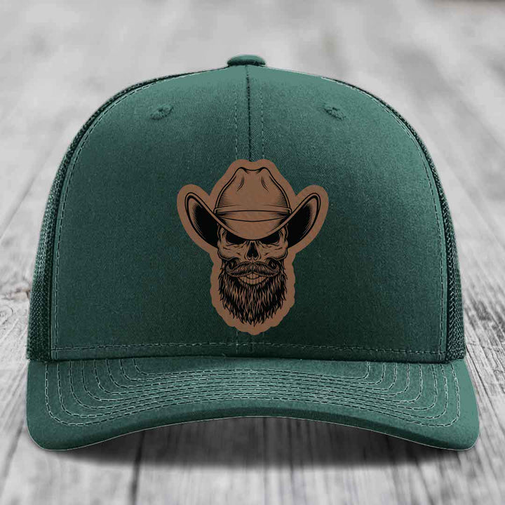 Bearded Cowboy Skull - Leather Patch Hat - Dark Brown to Black Patch - Richardson 112 Snapback Trucker Hat