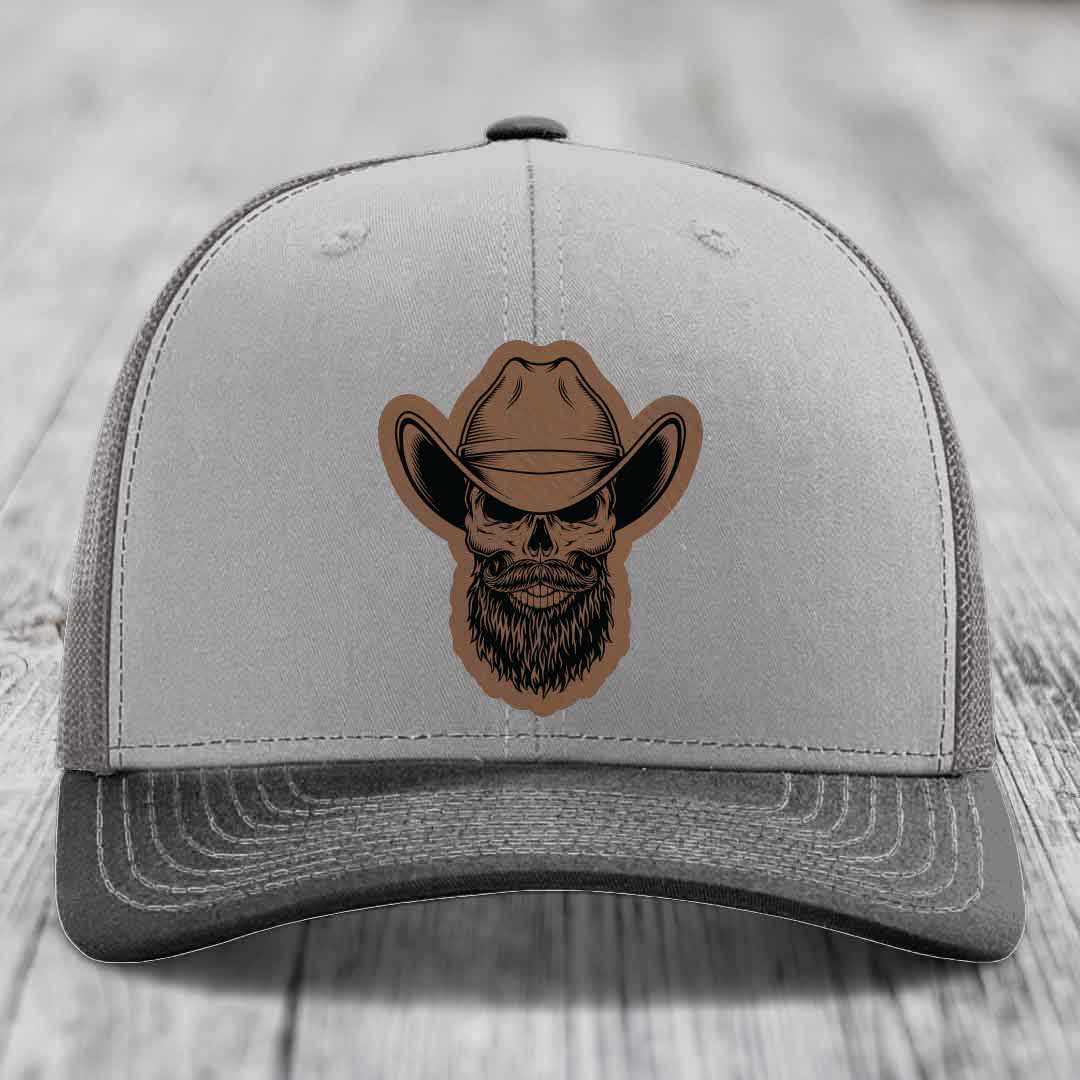 Bearded Cowboy Skull - Leather Patch Hat - Dark Brown to Black Patch - Richardson 112 Snapback Trucker Hat
