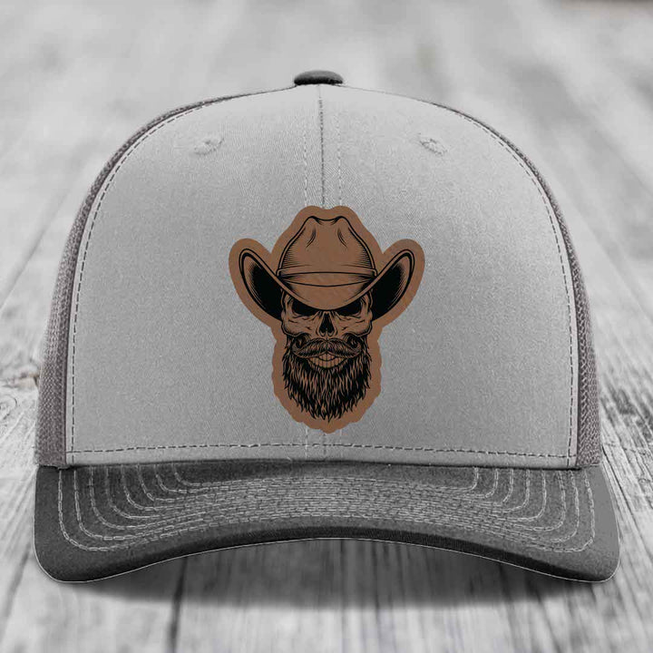 Bearded Cowboy Skull - Leather Patch Hat - Dark Brown to Black Patch - Richardson 112 Snapback Trucker Hat