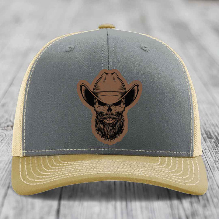 Bearded Cowboy Skull - Leather Patch Hat - Dark Brown to Black Patch - Richardson 112 Snapback Trucker Hat