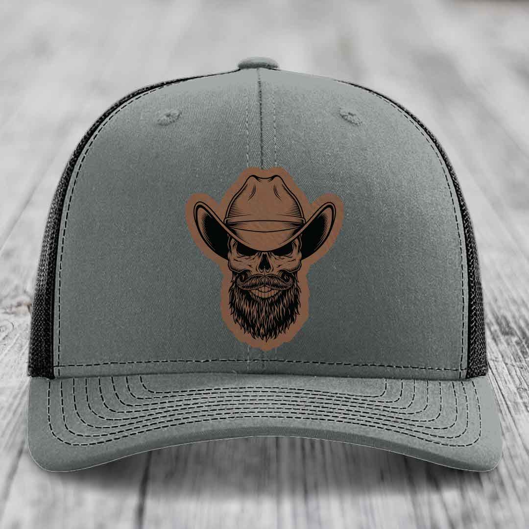 Bearded Cowboy Skull - Leather Patch Hat - Dark Brown to Black Patch - Richardson 112 Snapback Trucker Hat
