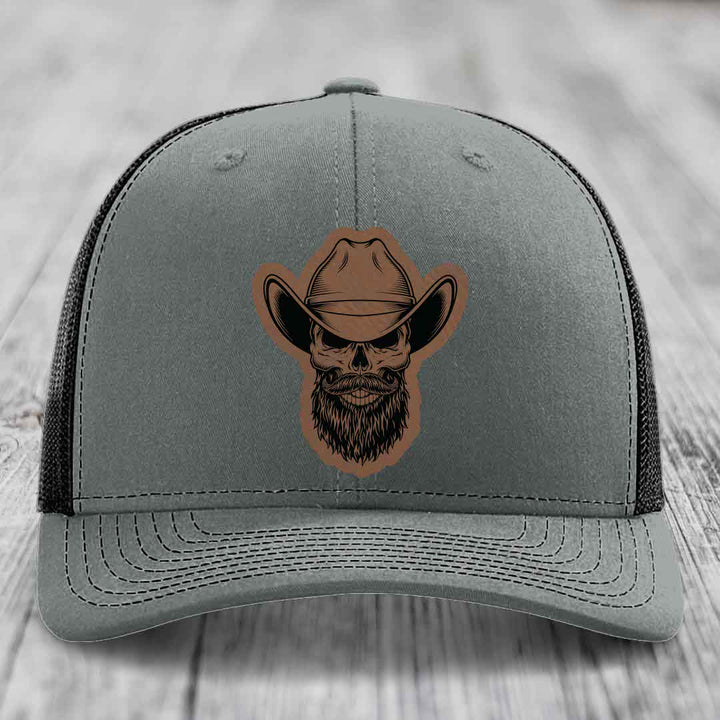Bearded Cowboy Skull - Leather Patch Hat - Dark Brown to Black Patch - Richardson 112 Snapback Trucker Hat