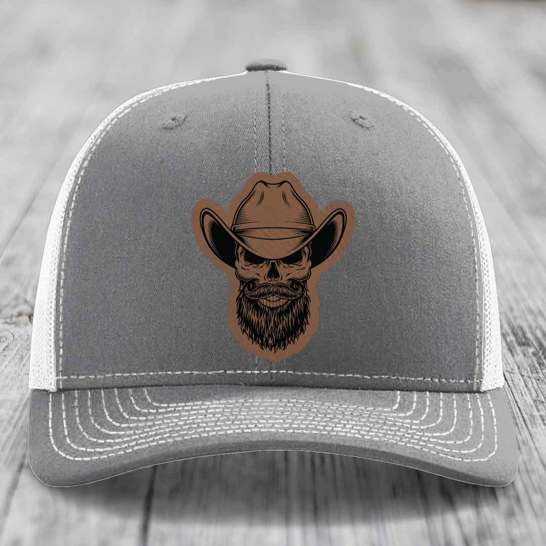Bearded Cowboy Skull - Leather Patch Hat - Dark Brown to Black Patch - Richardson 112 Snapback Trucker Hat