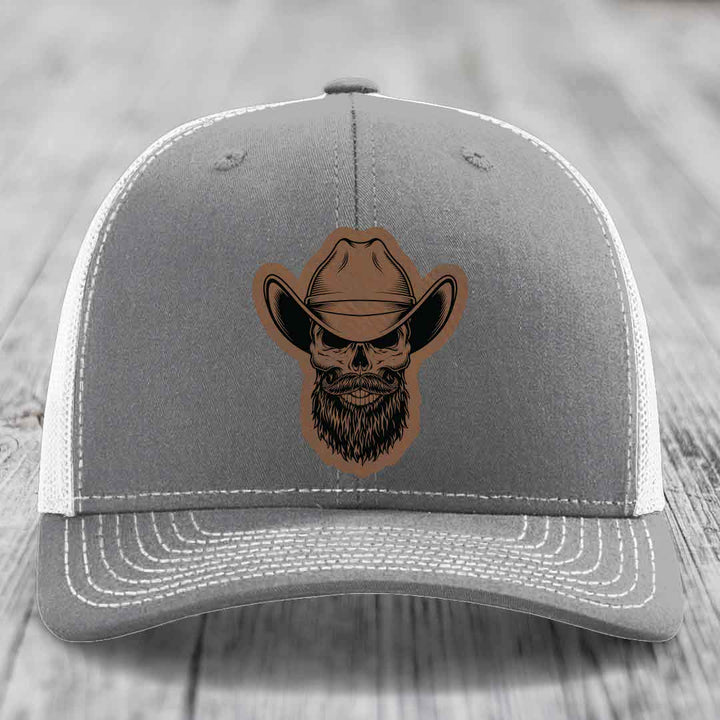 Bearded Cowboy Skull - Leather Patch Hat - Dark Brown to Black Patch - Richardson 112 Snapback Trucker Hat