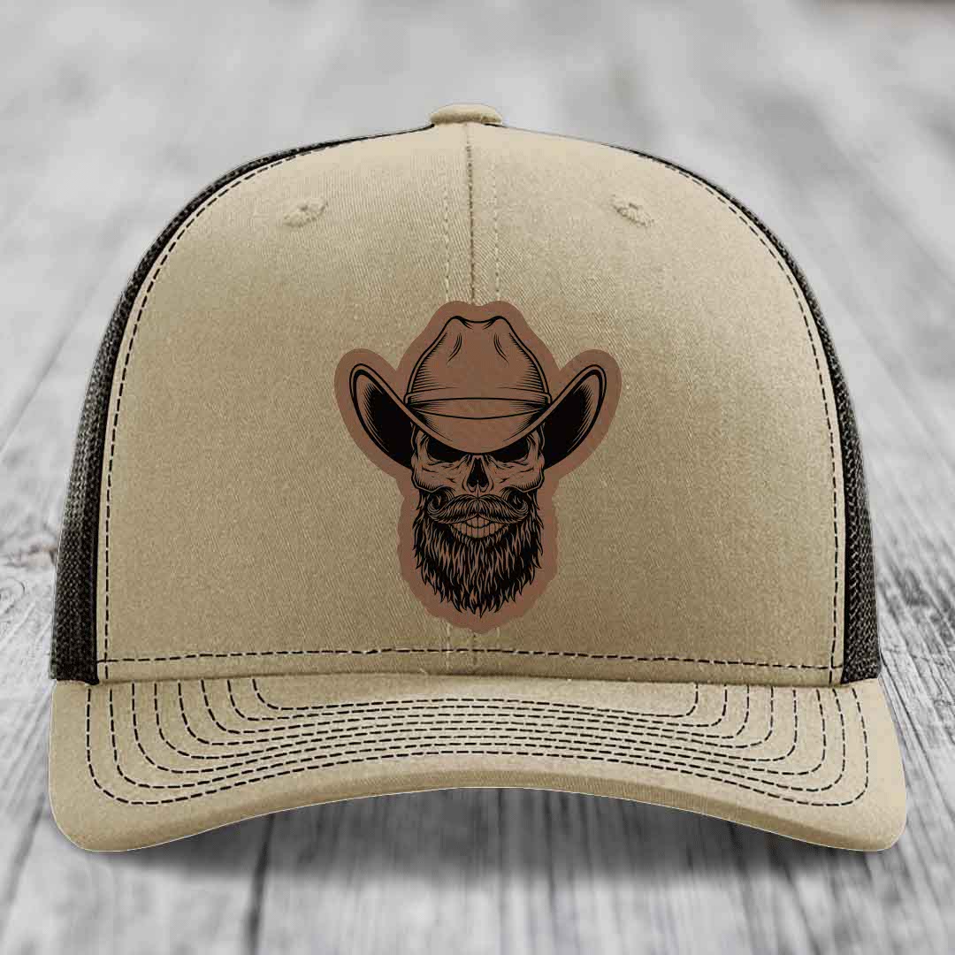 Bearded Cowboy Skull - Leather Patch Hat - Dark Brown to Black Patch - Richardson 112 Snapback Trucker Hat