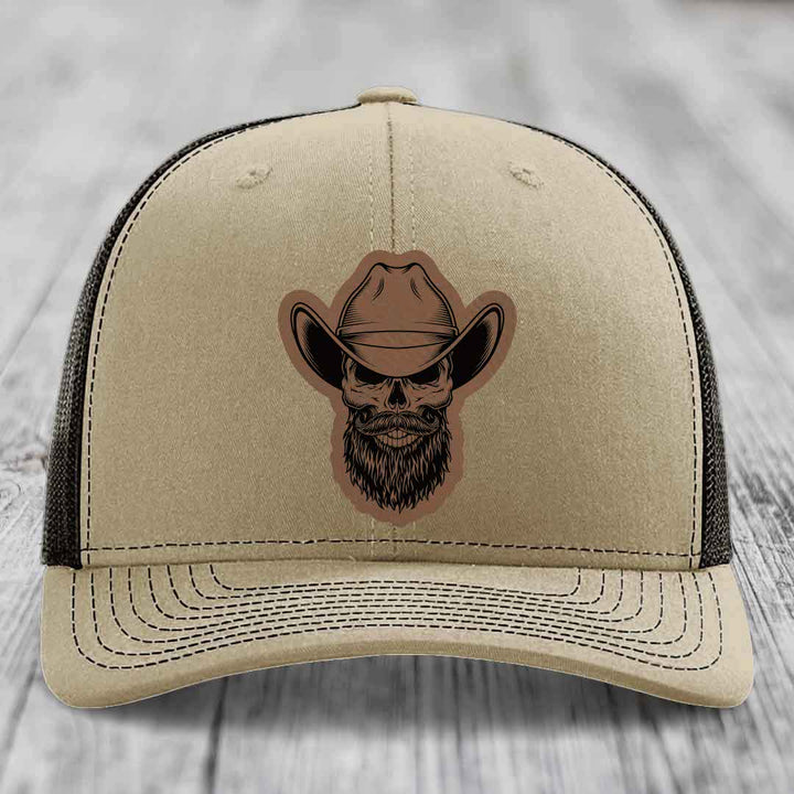 Bearded Cowboy Skull - Leather Patch Hat - Dark Brown to Black Patch - Richardson 112 Snapback Trucker Hat