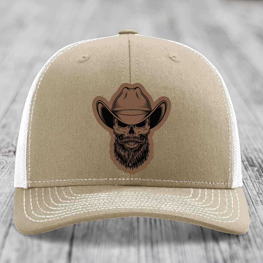 Bearded Cowboy Skull - Leather Patch Hat - Dark Brown to Black Patch - Richardson 112 Snapback Trucker Hat