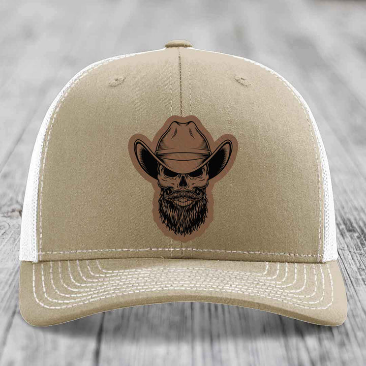 Bearded Cowboy Skull - Leather Patch Hat - Dark Brown to Black Patch - Richardson 112 Snapback Trucker Hat