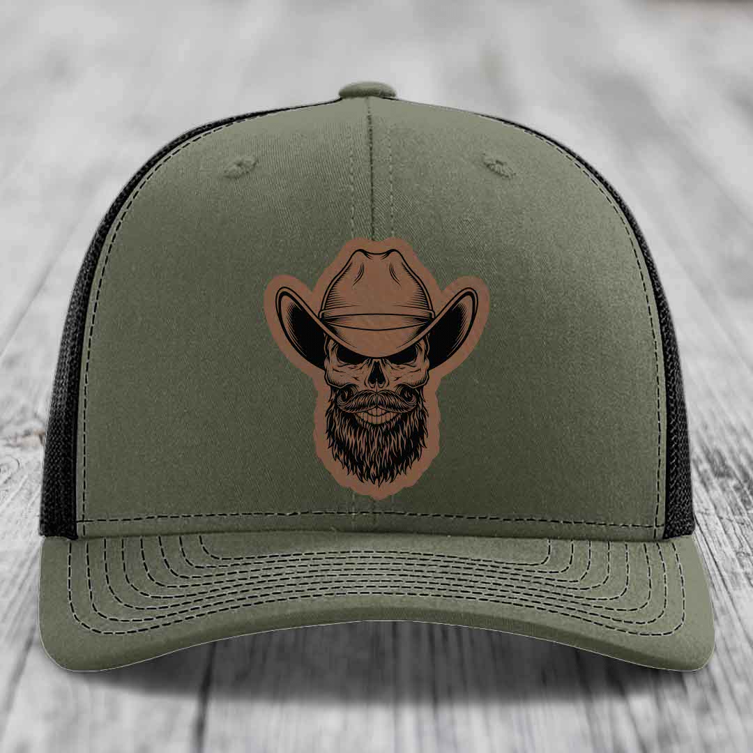 Bearded Cowboy Skull - Leather Patch Hat - Dark Brown to Black Patch - Richardson 112 Snapback Trucker Hat