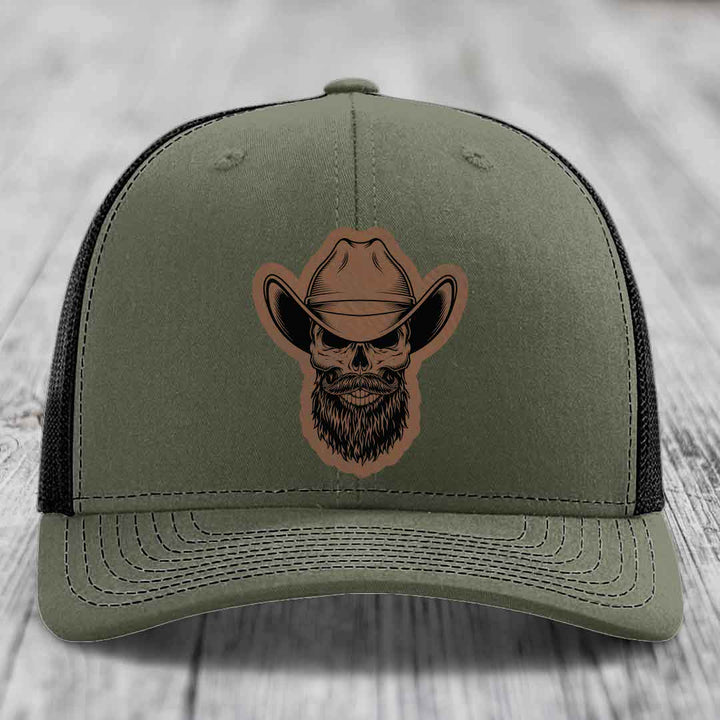 Bearded Cowboy Skull - Leather Patch Hat - Dark Brown to Black Patch - Richardson 112 Snapback Trucker Hat