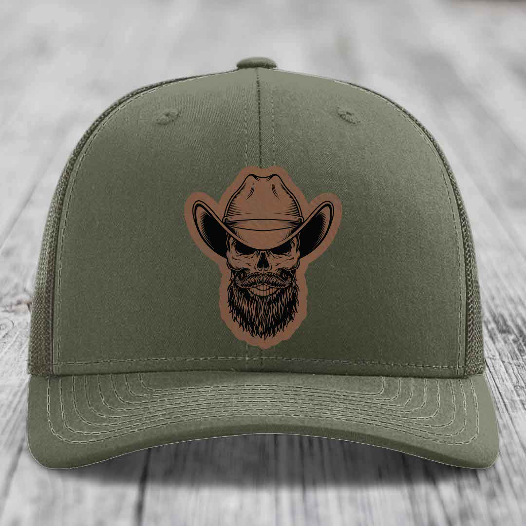 Bearded Cowboy Skull - Leather Patch Hat - Dark Brown to Black Patch - Richardson 112 Snapback Trucker Hat