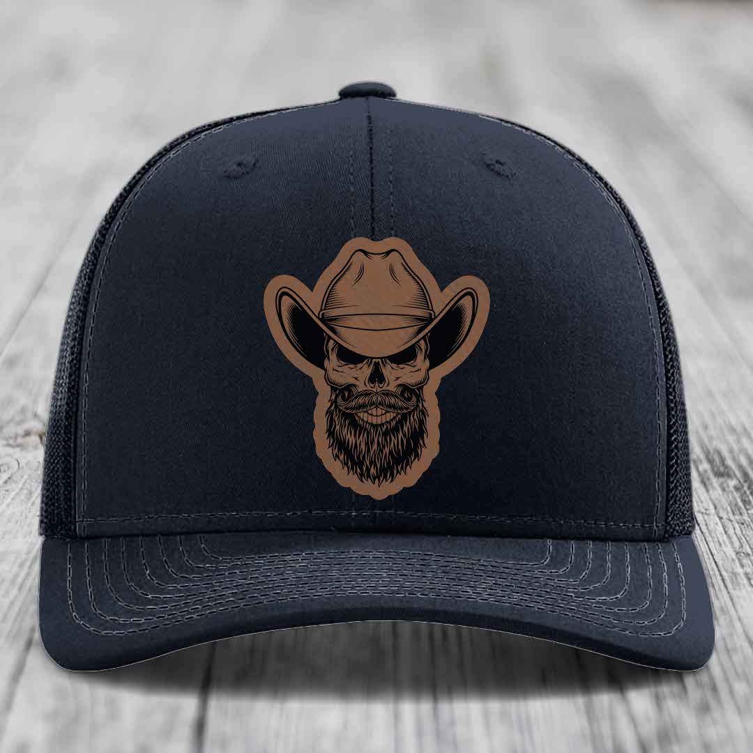 Bearded Cowboy Skull - Leather Patch Hat - Dark Brown to Black Patch - Richardson 112 Snapback Trucker Hat