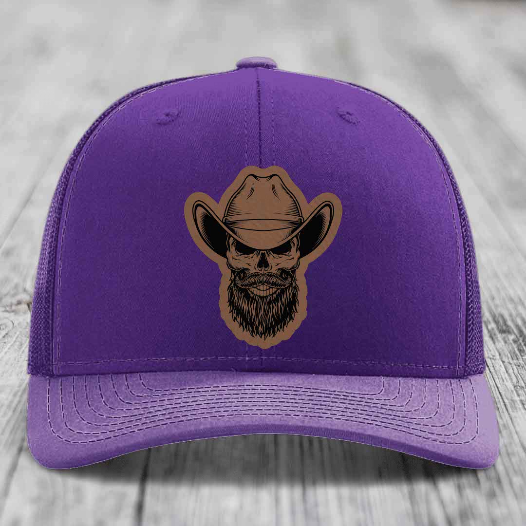 Bearded Cowboy Skull - Leather Patch Hat - Dark Brown to Black Patch - Richardson 112 Snapback Trucker Hat
