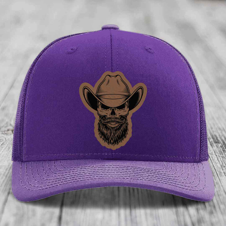 Bearded Cowboy Skull - Leather Patch Hat - Dark Brown to Black Patch - Richardson 112 Snapback Trucker Hat