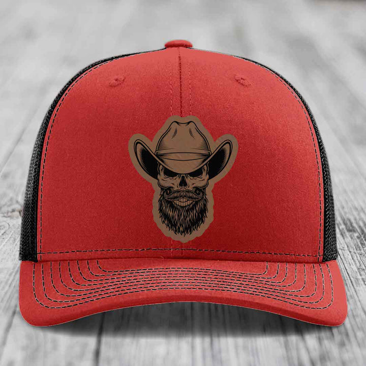 Bearded Cowboy Skull - Leather Patch Hat - Dark Brown to Black Patch - Richardson 112 Snapback Trucker Hat