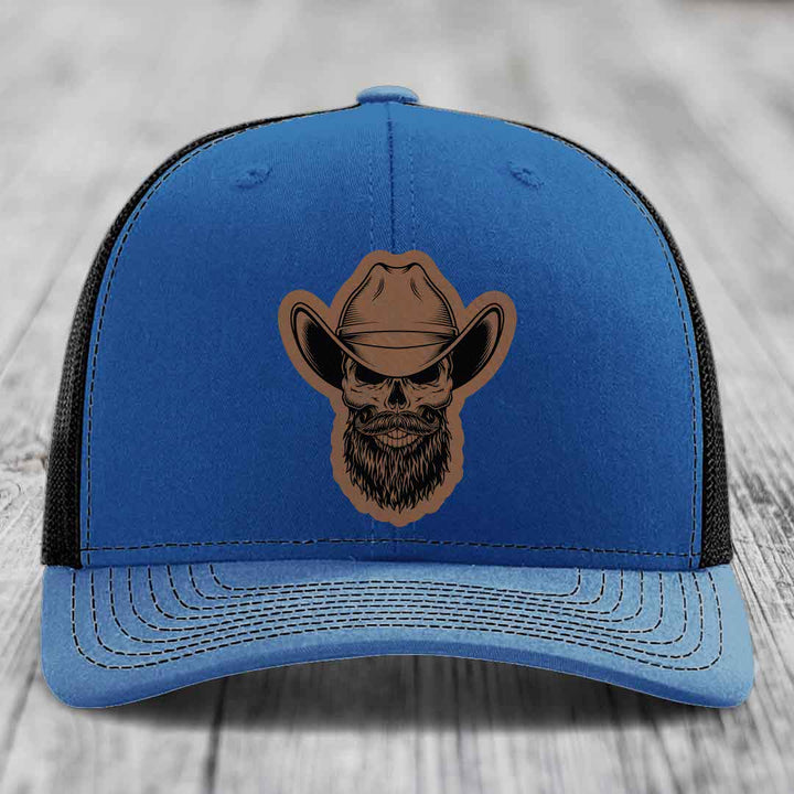 Bearded Cowboy Skull - Leather Patch Hat - Dark Brown to Black Patch - Richardson 112 Snapback Trucker Hat