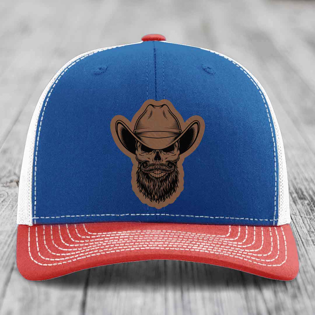 Bearded Cowboy Skull - Leather Patch Hat - Dark Brown to Black Patch - Richardson 112 Snapback Trucker Hat
