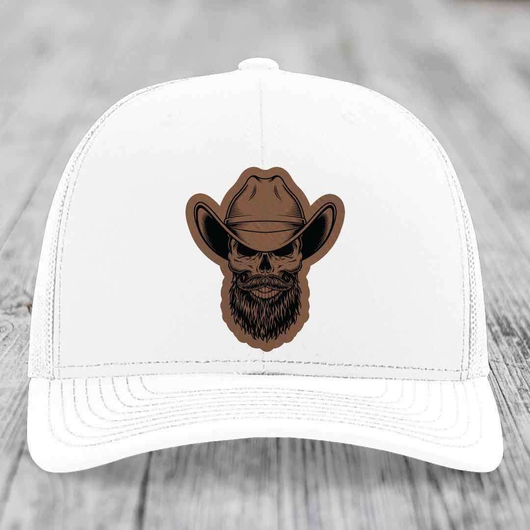 Bearded Cowboy Skull - Leather Patch Hat - Dark Brown to Black Patch - Richardson 112 Snapback Trucker Hat