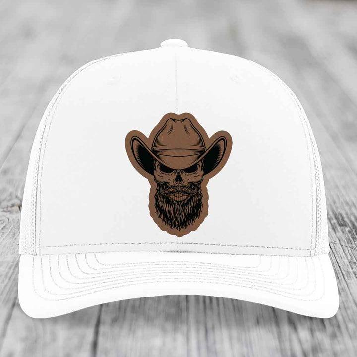 Bearded Cowboy Skull - Leather Patch Hat - Dark Brown to Black Patch - Richardson 112 Snapback Trucker Hat