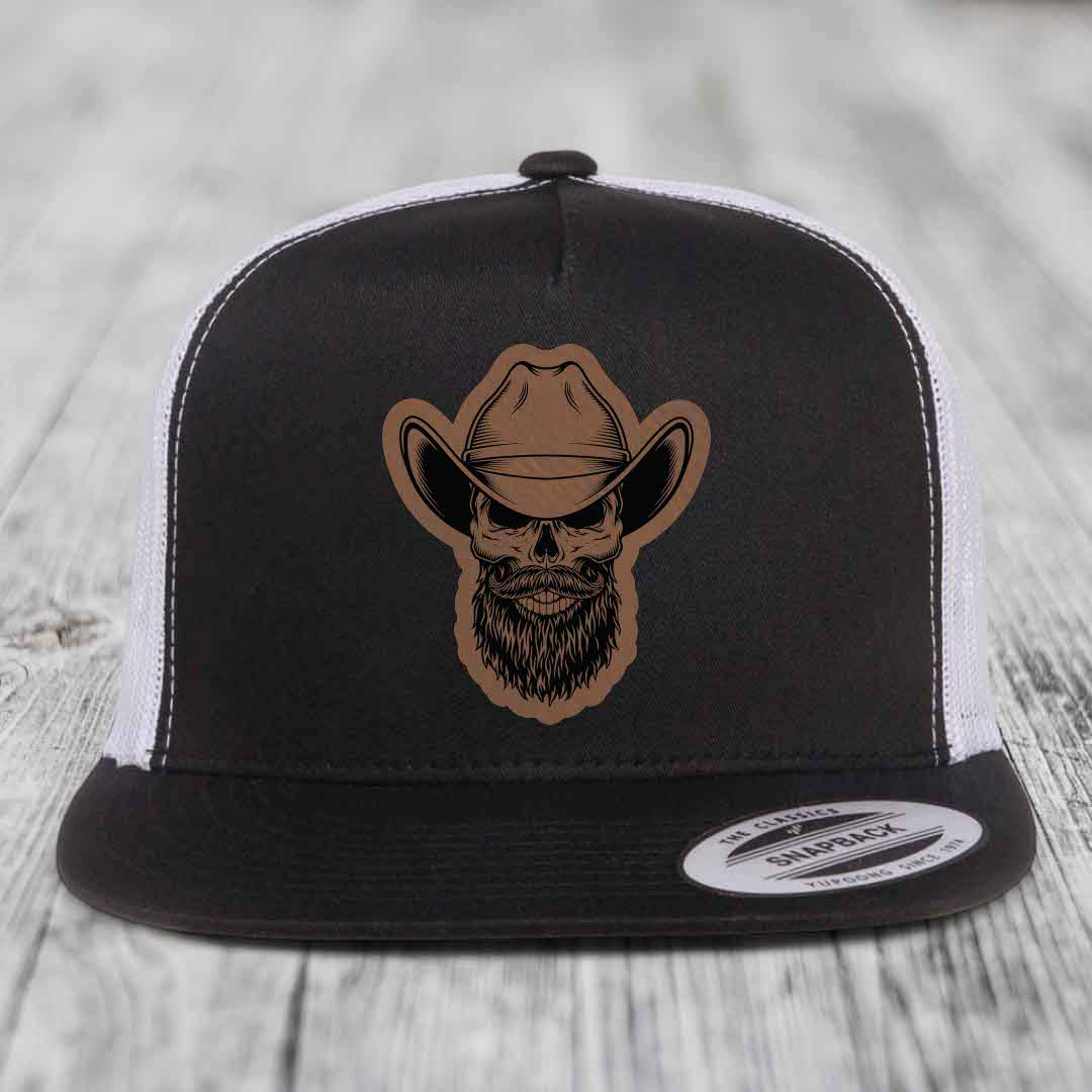 Bearded Cowboy Skull - Leather Patch Hat - Dark Brown to Black Patch - Yupoong 6006 Snapback Flatbill Hat
