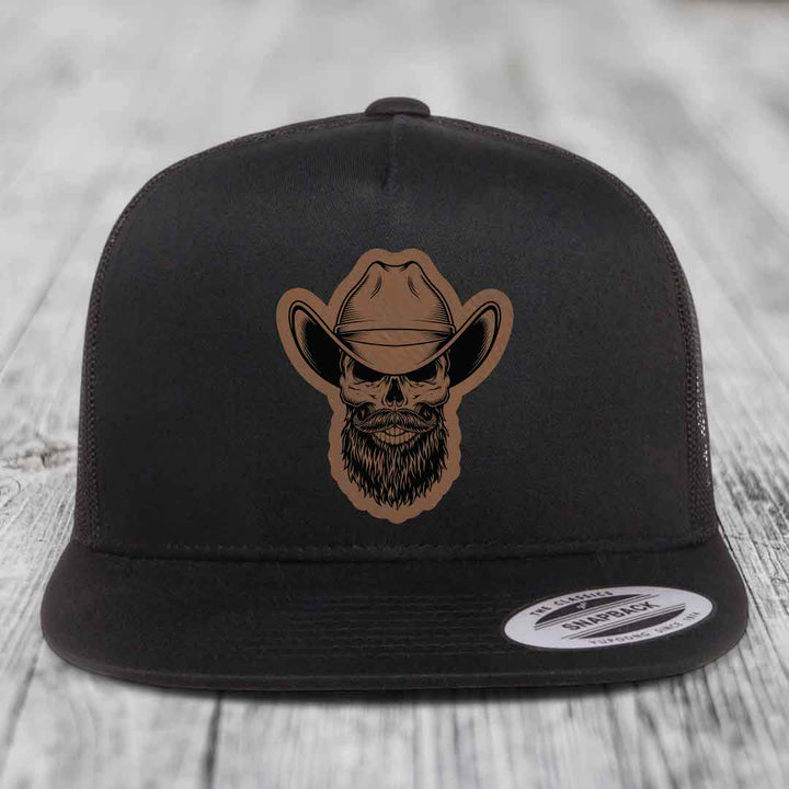 Bearded Cowboy Skull - Leather Patch Hat - Dark Brown to Black Patch - Yupoong 6006 Snapback Flatbill Hat