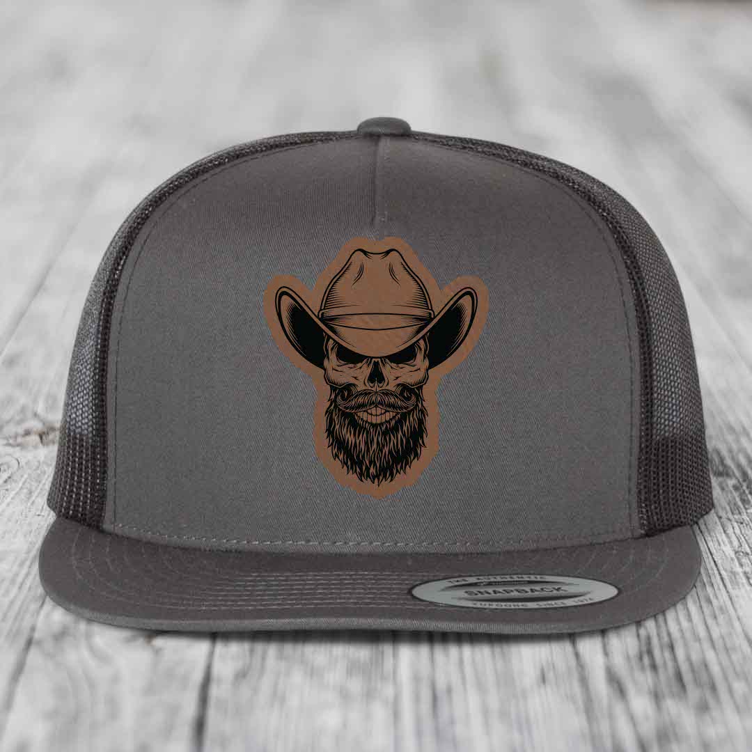Bearded Cowboy Skull - Leather Patch Hat - Dark Brown to Black Patch - Yupoong 6006 Snapback Flatbill Hat