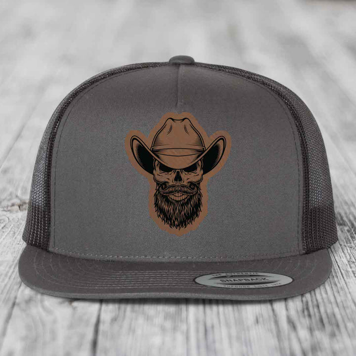 Bearded Cowboy Skull - Leather Patch Hat - Dark Brown to Black Patch - Yupoong 6006 Snapback Flatbill Hat