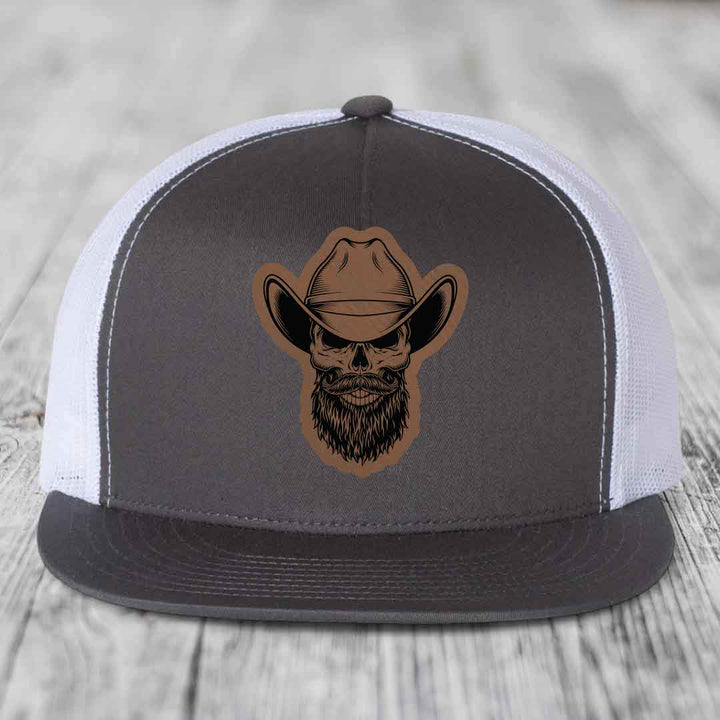 Bearded Cowboy Skull - Leather Patch Hat - Dark Brown to Black Patch - Yupoong 6006 Snapback Flatbill Hat