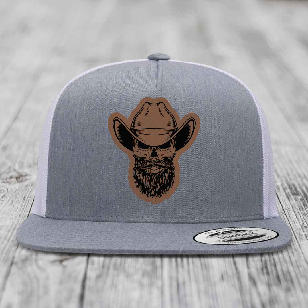 Bearded Cowboy Skull - Leather Patch Hat - Dark Brown to Black Patch - Yupoong 6006 Snapback Flatbill Hat