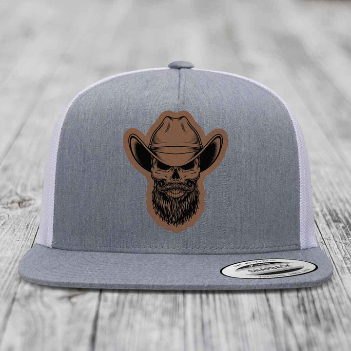Bearded Cowboy Skull - Leather Patch Hat - Dark Brown to Black Patch - Yupoong 6006 Snapback Flatbill Hat