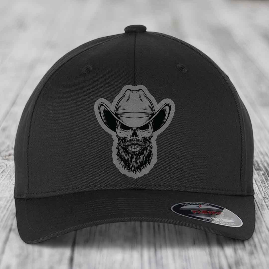 Bearded Cowboy Skull - Leather Patch Hat - Grey to Black Patch - Flexfit 6277 Fitted Hat
