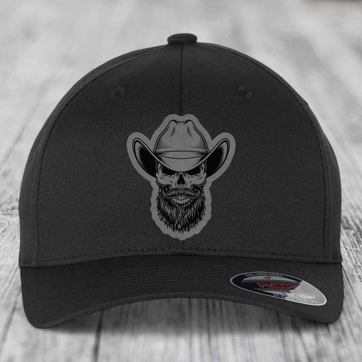 Bearded Cowboy Skull - Leather Patch Hat - Grey to Black Patch - Flexfit 6277 Fitted Hat