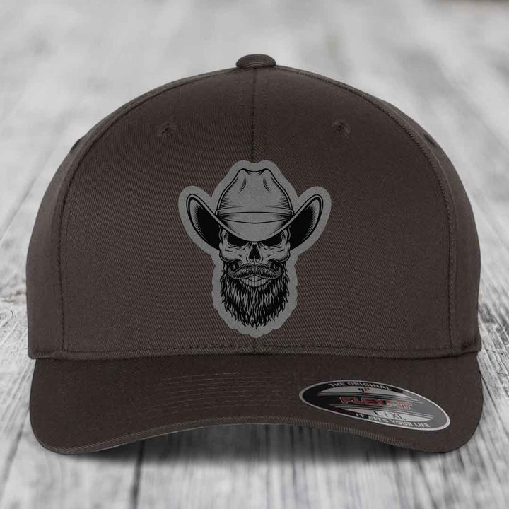 Bearded Cowboy Skull - Leather Patch Hat - Grey to Black Patch - Flexfit 6277 Fitted Hat